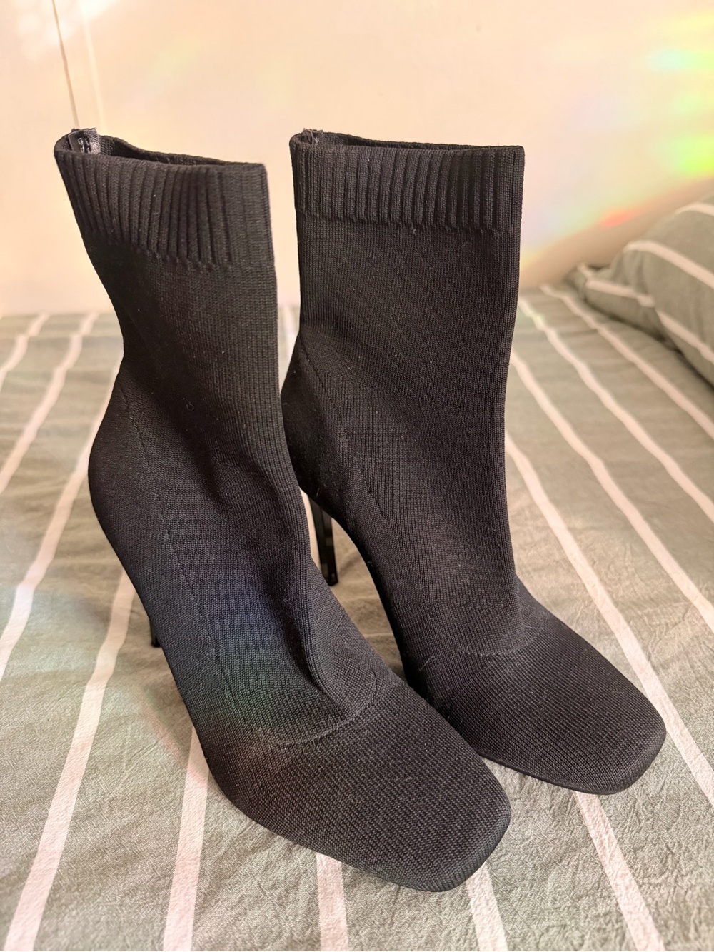 INC International Concepts Black Ribbed Sock Ankle Boots with Stiletto Heel